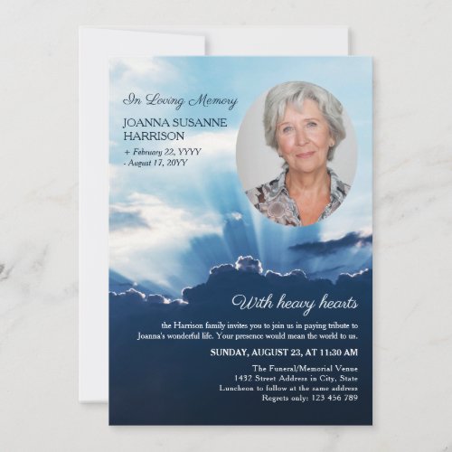 Beams of Light Oval Photo In Loving Memory Funeral Invitation
