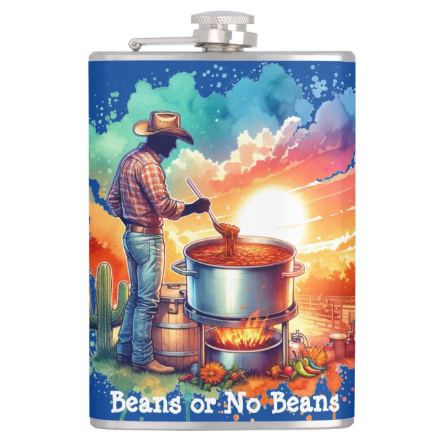 Beans or No Beans Chili Cooking Cowboy 1 Flask (Front)