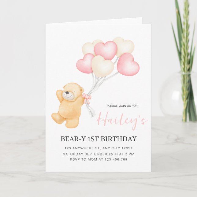 Bear 1st Birthday Invitation, Girl First Birthday  Invitation (Front)