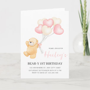 Bear 1st Birthday Invitation, Girl First Birthday Invitation