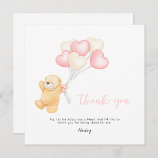 Bear 1st Birthday Invitation, Girl First Birthday Thank You Card