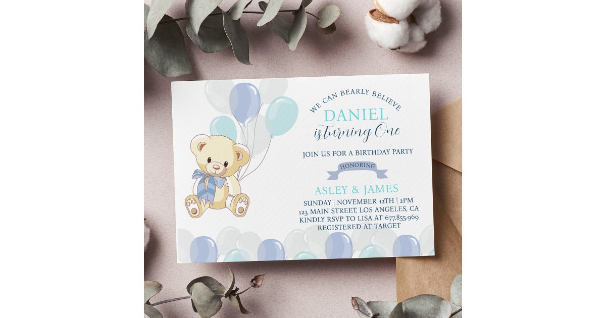 Bear 1st Birthday Invitation Teddy Bear Balloon | Zazzle