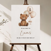 Bear 1st Birthday Welcome Sign, Editable Template