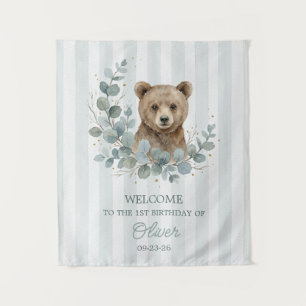 Bear 1st Boy Birthday Woodland Greenery Backdrop