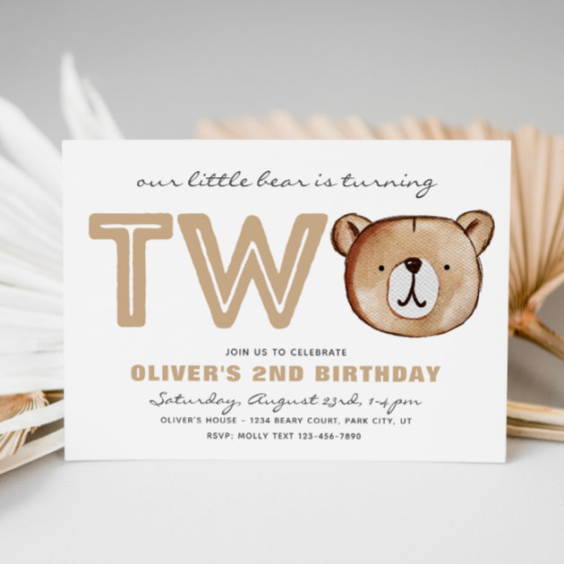 Bear 2nd Birthday Invitation | Cute Bear Invite | Zazzle