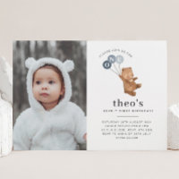 Bear 3 Blue Balloons Photo 1st Birthday Invitation