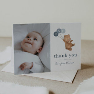 Bear 3 Blue Balloons Photo Thank You Card