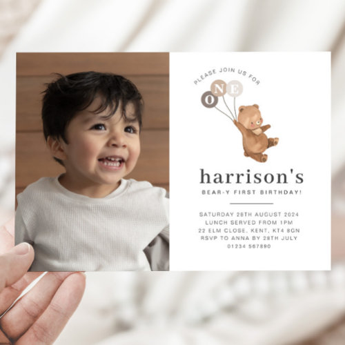 Bear 3 Brow Balloons Photo 1st Birthday Invitation