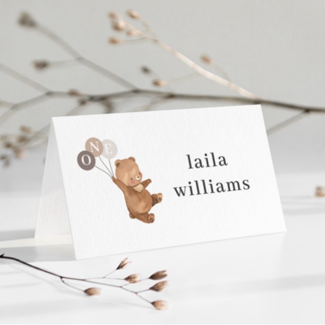 Bear 3 Brown Balloons - 1st Birthday  Place Card (Bear 3 Brown Balloons - 1st Birthday Place Card)