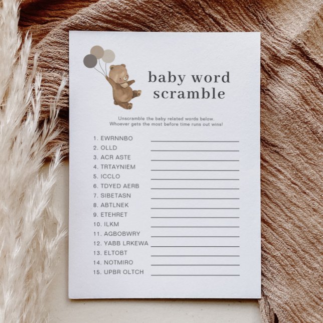 Bear 3 Brown Balloons - Baby Word Scramble Game Postcard (Creator Uploaded)