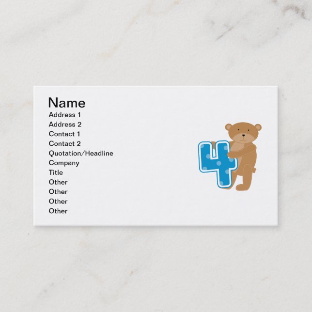 Bear 4th Birthday Tshirts and Gifts Business Card (Front)