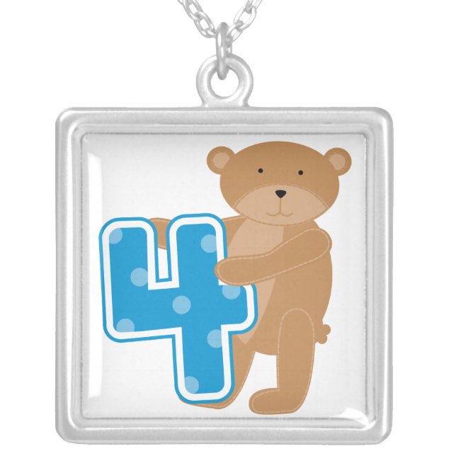 Bear 4th Birthday Tshirts and Gifts Silver Plated Necklace (Front)