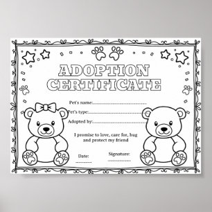 Bear adopt a pet coloring certificate poster