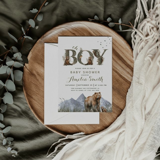 Bear Adventure Eucalyptus Moss Green Oh Boy Invitation (Creator Uploaded)