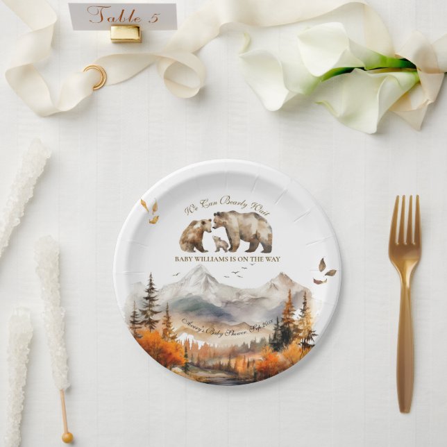 Bear Adventure Fall Mountain Neutral Baby Shower Paper Plates (Wedding)