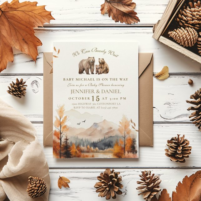 Bear Adventure Fall Mountains Neutral Baby Shower Invitation (Creator Uploaded)