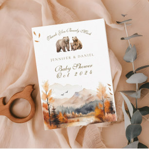 Bear Adventure Fall Mountains Neutral Baby Shower Letterpress Thank You Card