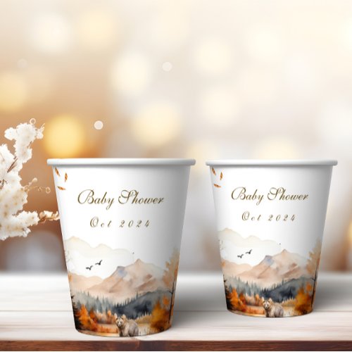 Bear Adventure Fall Mountains Neutral Baby Shower Paper Cups