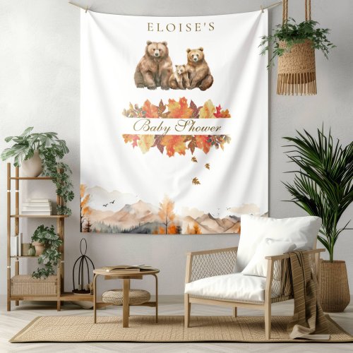 Bear Adventure Fall Mountains Neutral Baby Shower Tapestry