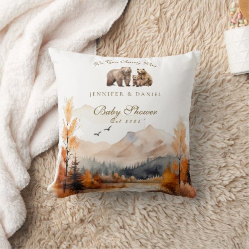 Bear Adventure Fall Mountains Neutral Baby Shower Throw Pillow