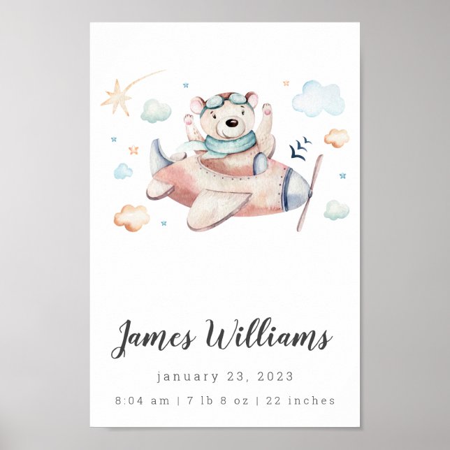 Bear Airplane Baby Birth Stats Personalized Poster (Front)