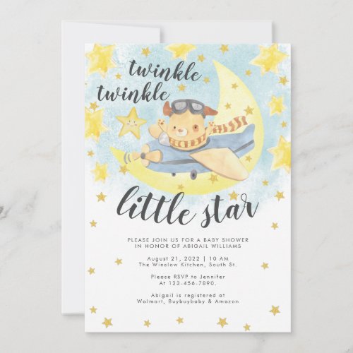 Bear Airplane Gold Twinkle Little Star Baby Shower Invitation