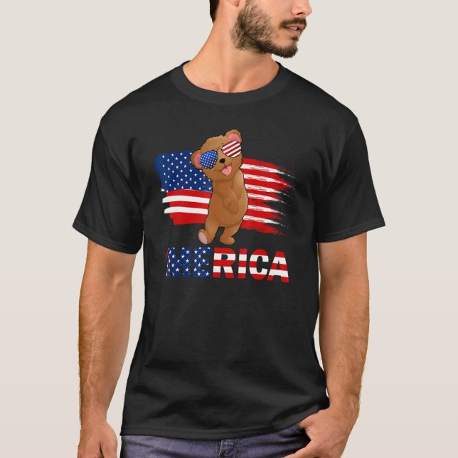 Bear American Flag Sunglasses Merica  4th Of July T-Shirt (Front)