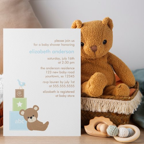 Bear and Alphabet Toy Blocks Baby Shower {blue} Personalized Invitation