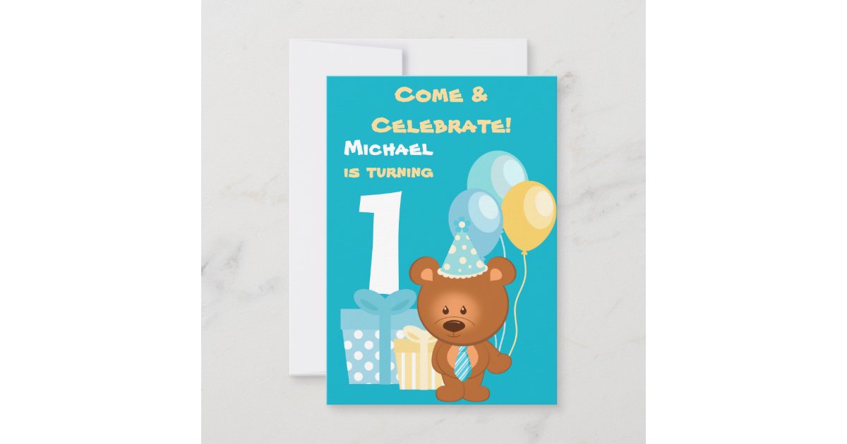 Bear and Balloons 1st Birthday Party Invitation | Zazzle