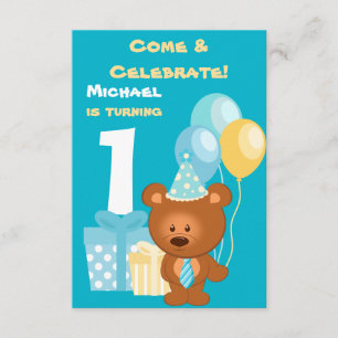 Bear and Balloons 1st Birthday Party Invitation
