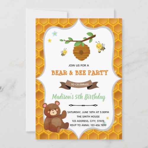 Bear and bee birthday party Invitation