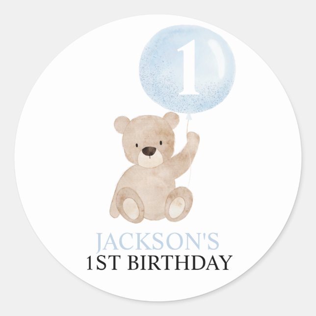 Bear and Blue Balloon 1st Birthday Stickers (Front)
