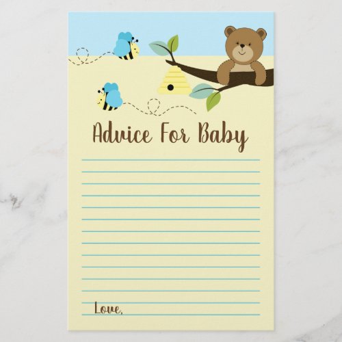 Bear and Bumble Bee Boy Baby Shower Advice Cards