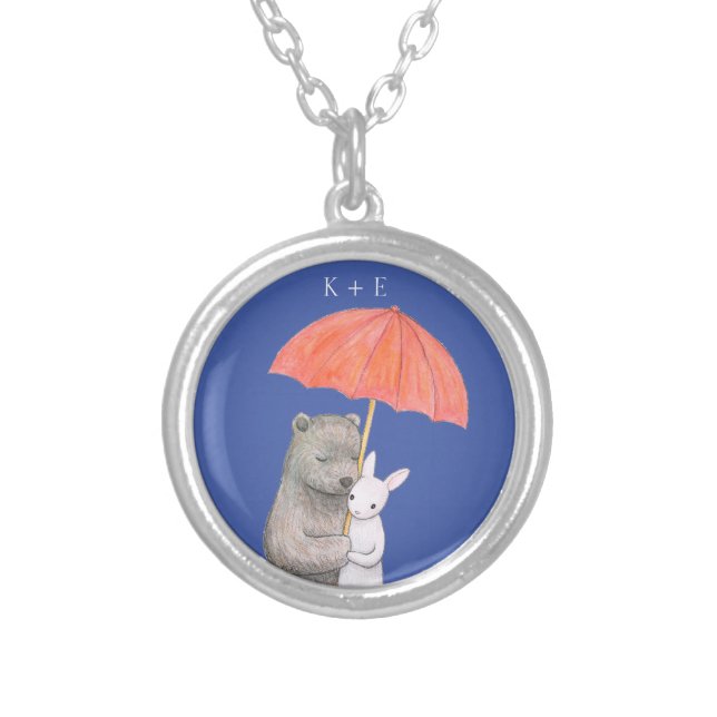 Bear and Bunny Anniversary or Valentines Custom Silver Plated Necklace (Front)