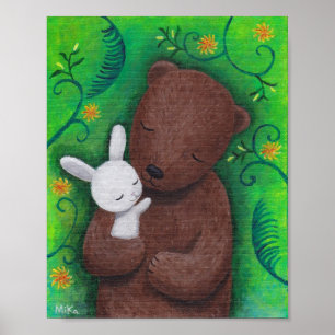 Bear and Bunny Art Poster Woodland Animal Wall Art