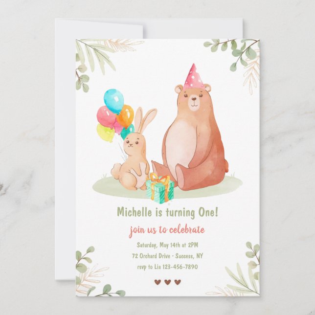 Bear and Bunny Birthday Party Invitation (Front)