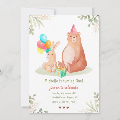 Bear and Bunny Birthday Party Invitation
