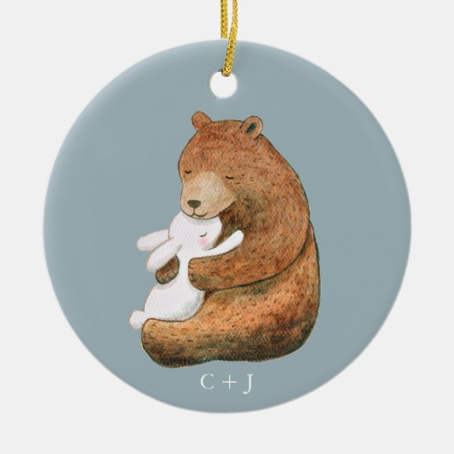 Bear and Bunny Couple Custom Anniversary Valentine Ceramic Ornament (Front)
