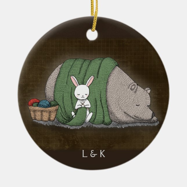 Bear and Bunny Couple Knitting Lover Custom name Ceramic Ornament (Front)