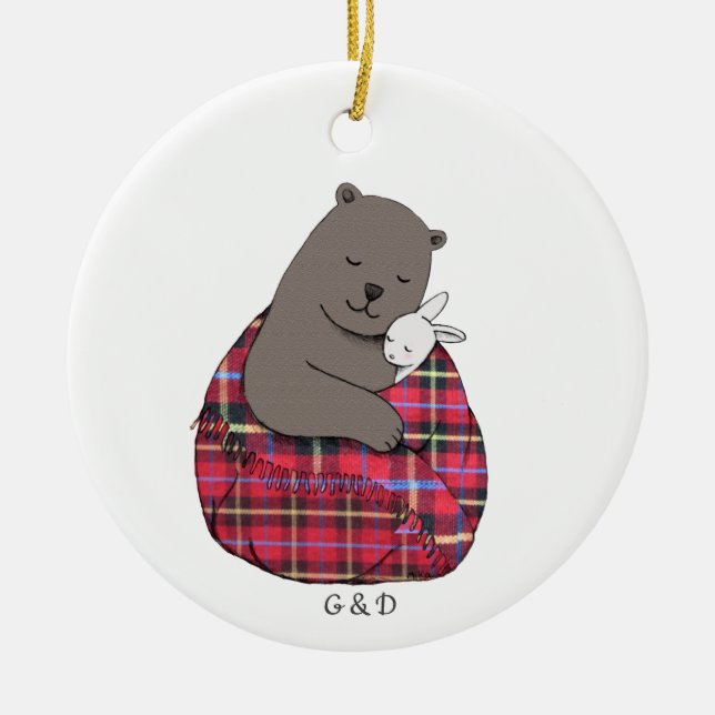 Bear and bunny Cute Couple Custom Christmas Ceramic Ornament (Front)