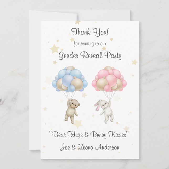 Bear and Bunny Gender Reveal Thank You Card (Front)