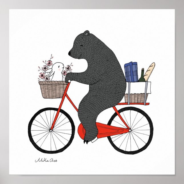 Bear and Bunny goes picnic Happy bear rabbit art Poster (Front)