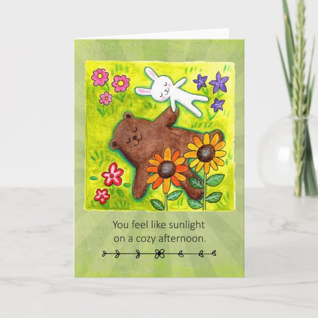 Bear and Bunny Happy Couple lying down on Grass Card (Front)
