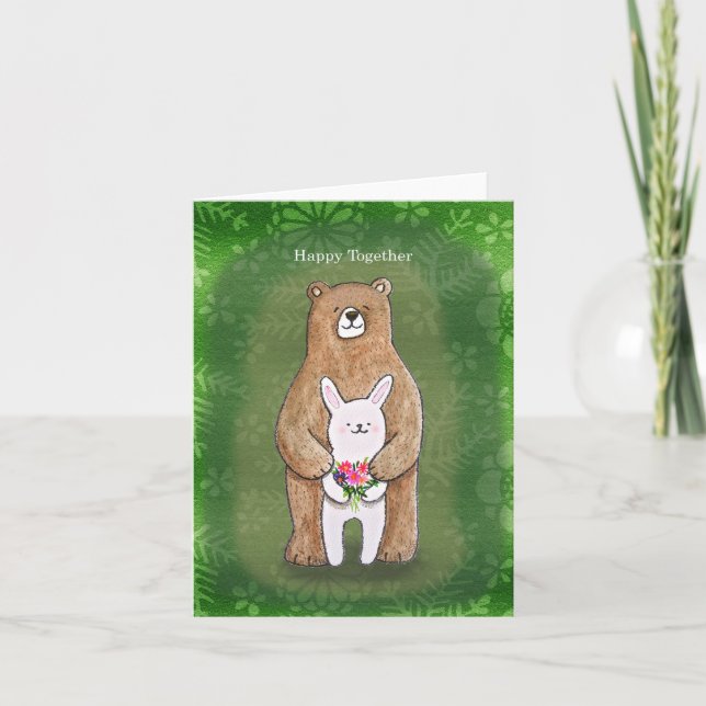 Bear and Bunny Happy Together Cute Couple Love  Card (Front)