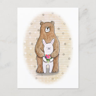 Bear and Bunny Happy Woodland Animal Cute Art Postcard