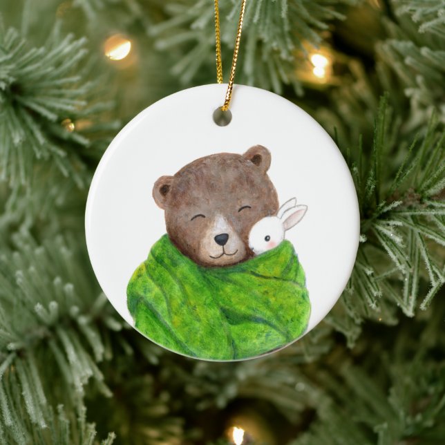 Bear and Bunny in Big Green Blanket Custom Name Ceramic Ornament (Tree)