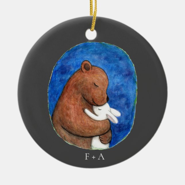 Bear and Bunny in embrace couple custom name Ceramic Ornament (Front)