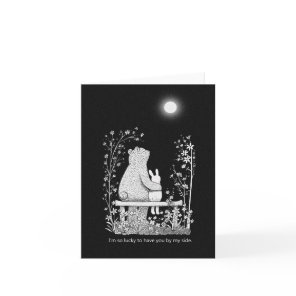 Bear and Bunny on bench under Moon Anniversary Card