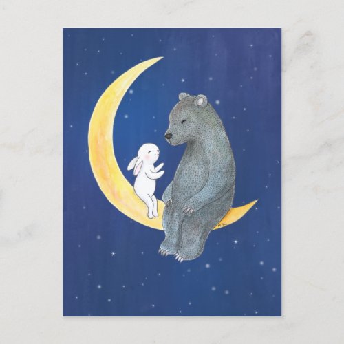 Bear and Bunny on the moon sweet bear and rabbit  Postcard