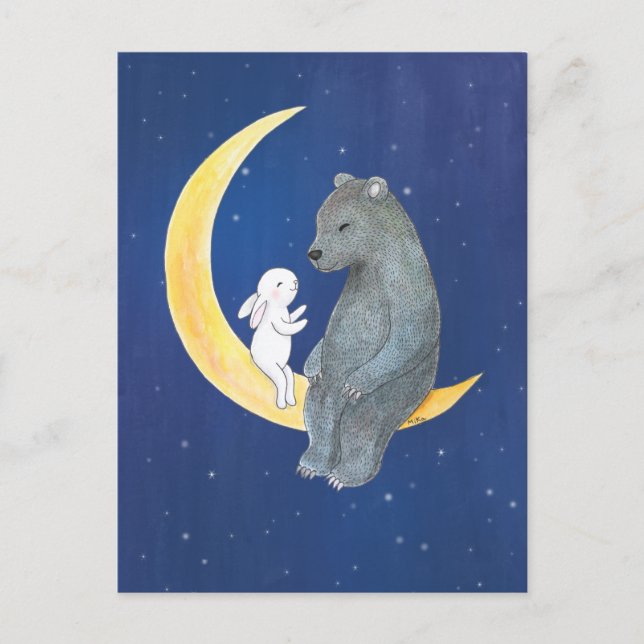 Bear and Bunny on the moon sweet bear and rabbit  Postcard (Front)